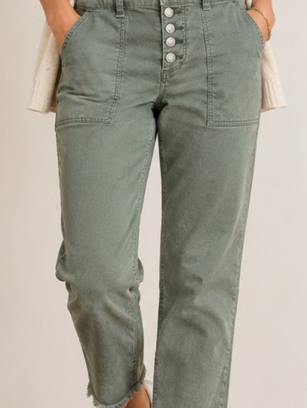 Sage Green Button Fly High Rise Utility Crop Pants Raw Hem 6p